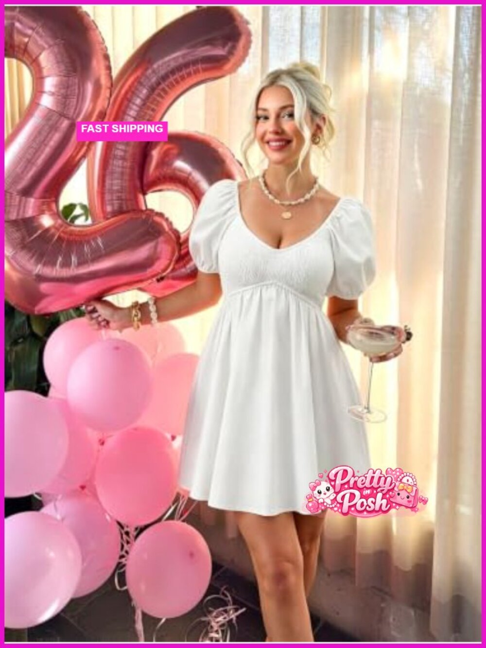 Women's Babydoll Dress - V Neck Puff Sleeve Empire Waist Swing Mini Sundress - Picture 2 of 6